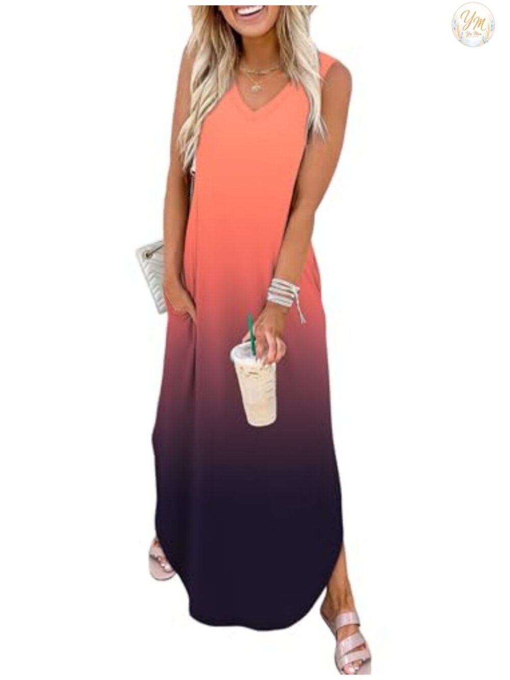 V-Neck Sleeveless Maxi Dress with Pockets Summer Beach Vacation